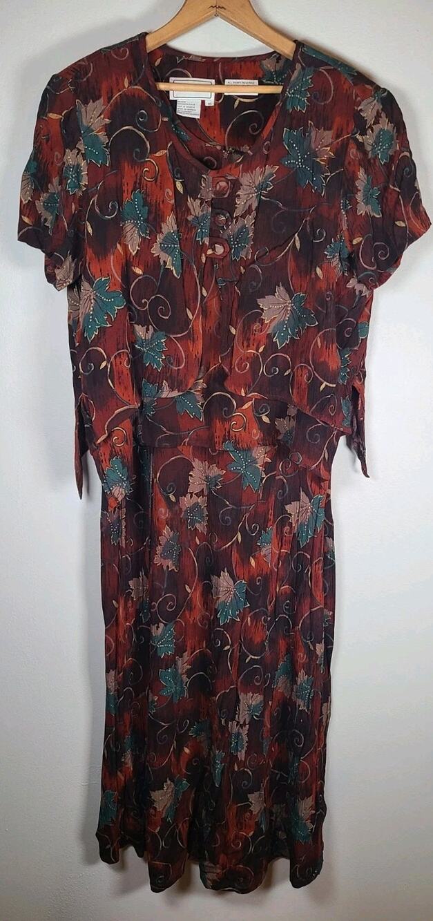 Karen Stevens 2 Pc Maxi Dress & Blouse Leaves Rayon 90s Secretary Teacher 16W